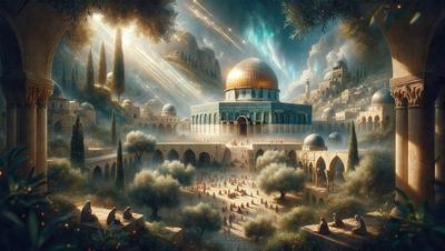 The primary subject of the image is a large, ornate building with a dome roof, which appears to be a mosque. The setting is a city with a sky background, and the visual style is a digital art or illustration. The colors and mood of the image are predominantly warm and inviting, with the mosque standing out as the focal point.